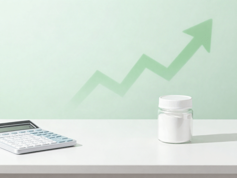DIY‑Elektrolytdrink statt teurem Markenprodukt: Sparen Sie bis zu 250 € jährlich im Haushalt - Description: minimalist white desk with financial spreadsheet calculator electrolyte powder jar subtle green growth arrow soft gradient background