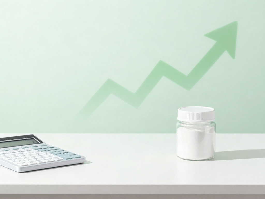 DIY‑Elektrolytdrink statt teurem Markenprodukt: Sparen Sie bis zu 250 € jährlich im Haushalt - Description: minimalist white desk with financial spreadsheet calculator electrolyte powder jar subtle green growth arrow soft gradient background