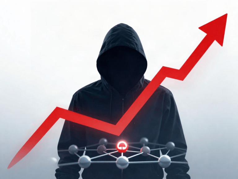 Monero explodiert: Hacker‑Geld treibt Preis – Allzeithoch in Gefahr! - Description: graph showing sharp monero price spike with red arrows and a hacker silhouette overlaying blockchain nodes