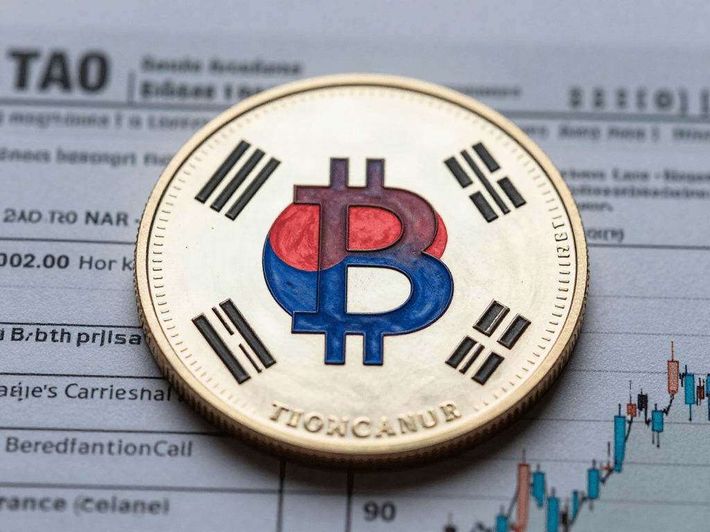 Südkorea verabschiedet Krypto-Gesetz – 23 % Steuer auf Gewinne lässt Anleger hastig neu positionieren - Description: close up of bitcoin coin painted with korean flag colors glowing surrounded by tax forms and financial charts