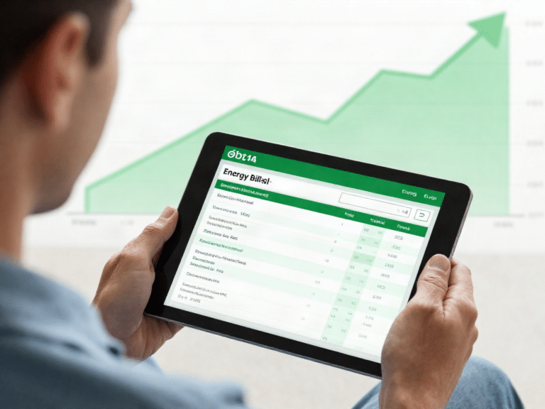 Strompreis 2027 – Jetzt die größten Entlastungen für Ihr Spar-Depot sichern! - Description: photo of homeowner reviewing energy bill on tablet with bright green savings overlay and rising price chart background