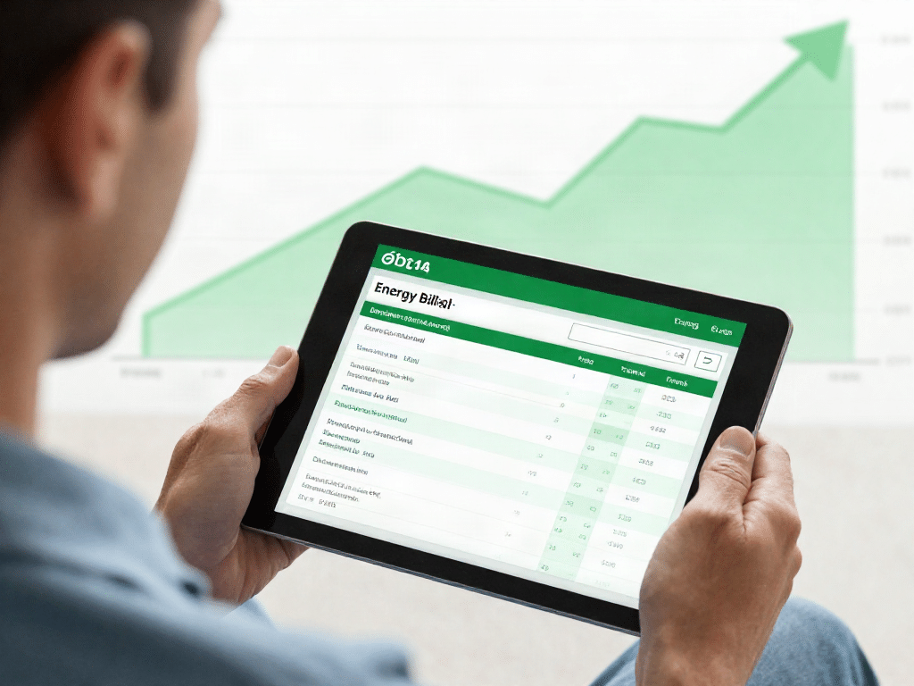 Strompreis 2027 – Jetzt die größten Entlastungen für Ihr Spar-Depot sichern! - Description: photo of homeowner reviewing energy bill on tablet with bright green savings overlay and rising price chart background