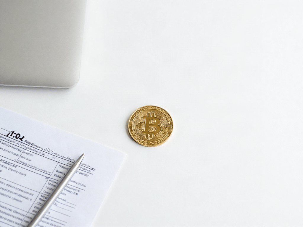 Wie die mögliche Abschaffung der Krypto‑Haltefrist Ihren Staking‑Profit um 12 % steigern kann - Description: minimalist white desk with a golden bitcoin coin tax forms and a rising arrow graphic